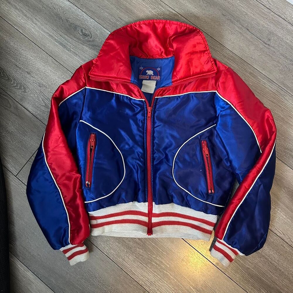 Vintage 80s-90s Kids Puffer Snow Bear red blue color-blocked bomber jacket